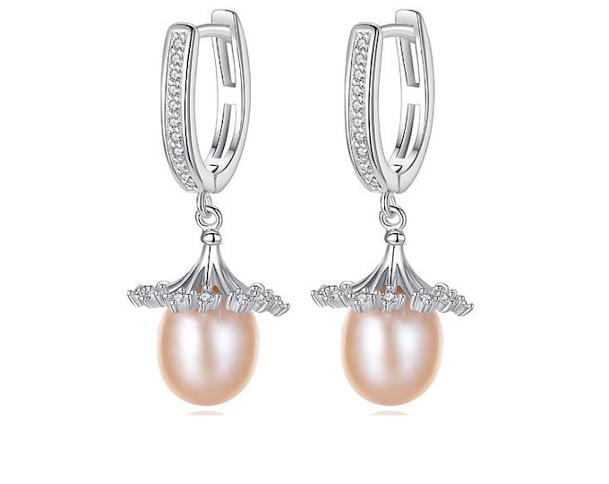 Pink Freshwater Pearl & CZ 925 Earrings Sterling Silver Gemstone Statement Jewelry Wedding Bride