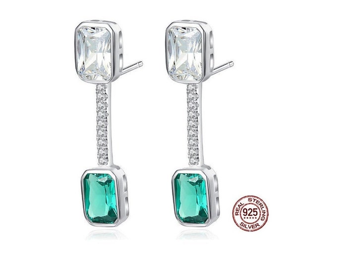 Created Emerald & White Topaz 925 Stud Earrings Sterling Silver Dangle Drop Gemstone Statement Jewelry