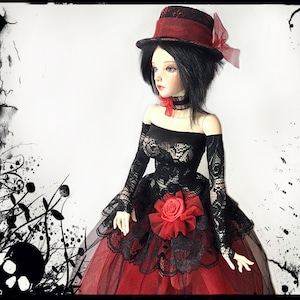 1/3 BJD Ball Gown: Gothic Black Red Lace Doll Dress with Gloves & Hat