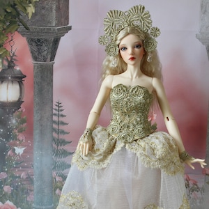 1/3 BJD CINDERELLA PRINCESS Dress Outfit Fantasy Full Set Gold Lace Corset Skirt Tiara  YiD SiD EiD doll Clothing