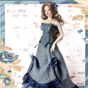 1/3 BJD DENIM  DRESS, Lace Corset, Long Blue Skirt, Outfit Clothes Doll Clothing SiD EiD YiD