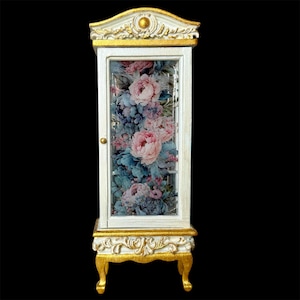 Miniature Display Cabinet 1:12, Rococo Style with Floral Transparent Panels, Mirror Back, Dollhouse Showcase