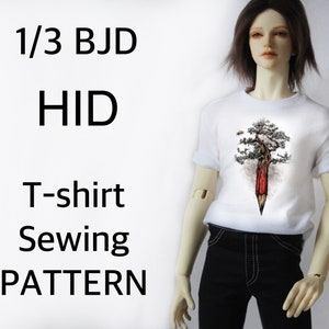 May include: White t-shirt with a tree and pencil graphic, worn by a doll. The shirt is part of a sewing pattern for 1/3 BJD HID dolls. The text "T-shirt Sewing PATTERN" is visible.