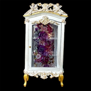 Miniature Display Cabinet 1:12, Rococo Style with Floral Transparent Panels, Mirror Back, Dollhouse Showcase