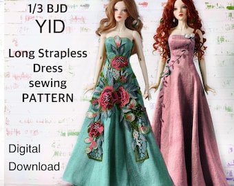 May include: Two dolls wearing long strapless dresses are featured. One dress is teal with large floral embroidery, and the other is pink with delicate vine-like embroidery. The image includes the text "1/3 BJD YID Long Strapless Dress sewing PATTERN Digital Download."