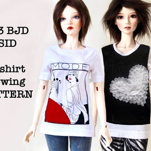 May include: Two dolls wearing t-shirts. One white t-shirt has a red, black, and white graphic with the word "MODE". The other t-shirt is black with a white heart design. Text on the image reads "1/3 BJD SID T-shirt sewing PATTERN".