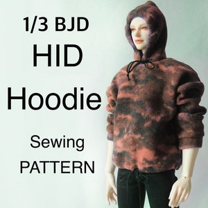 May include: A tie-dye hoodie in shades of red, black, and purple is displayed on a doll. The hoodie has a drawstring hood and hem. The text on the image reads "1/3 BJD HID Hoodie Sewing PATTERN."