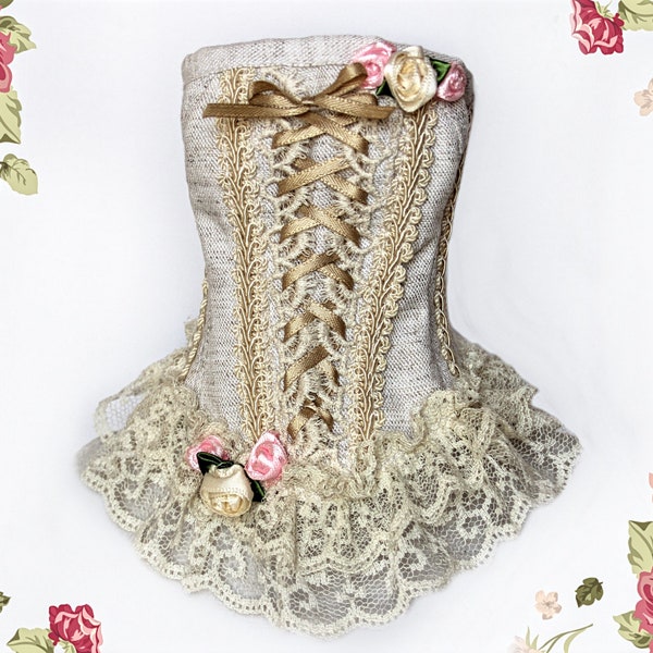 BJD SD CORSET, 1/3 BjD, SiD, YiD, EiD, Victorian Romantic bustier, Beige Cotton, Roses, Laces, eyelets