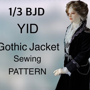 Puede incluir: Un patrón de costura de chaqueta gótica negra para una muñeca 1/3 BJD YID. La chaqueta presenta adornos plateados, un cuello de encaje blanco y cadenas decorativas. El texto "Gothic Jacket Sewing Pattern" está incluido.