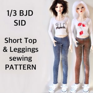 May include: Two dolls wearing white long-sleeved crop tops and leggings. One doll wears blue leggings and the other wears brown leggings. The tops have graphic designs. Text on the left reads "1/3 BJD SID Short Top & Leggings sewing PATTERN."