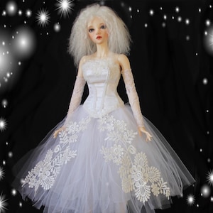 1/3 BJD Wedding Gown: Embroidered Corset, Tulle Skirt, Lace Mittens