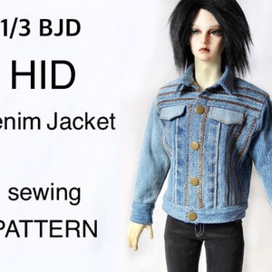 May include: A light blue denim jacket with brown stitching and gold buttons. The jacket is designed for a 1/3 BJD HID doll. The text on the image reads "1/3 BJD HID Denim Jacket sewing PATTERN".