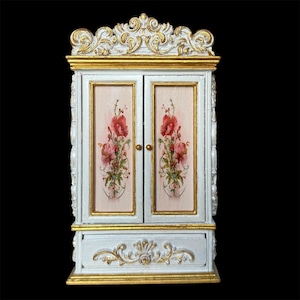 Miniature Rococo Armoire 1:12, Rococo Floral Cabinet, Wood Furniture with Decoupage, Dollhouse Decor