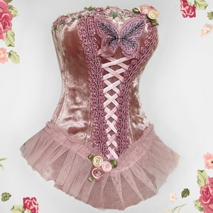 Dusty Rose Velvet BJD Corset: Victorian Doll Bustier, Roses, Lacing