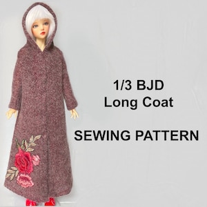 May include: A long, hooded coat in a reddish-brown hue, adorned with an embroidered floral design. The coat is designed for a 1/3 BJD doll. The text "1/3 BJD Long Coat SEWING PATTERN" is displayed on the right side of the image.