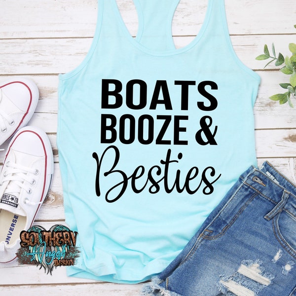 Boats Booze And Besties tank | Summer tank | Boating tank | Vacation shirt | Drinking thank | Swimsuit coverup | River tank | Party tank