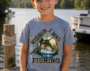 Kids Wishin I Was Fishin shirt, Boys fishing shirt, kids graphic tee, Boys summer shirt, kids fishing shirt, babies fishing outfit, Fishin