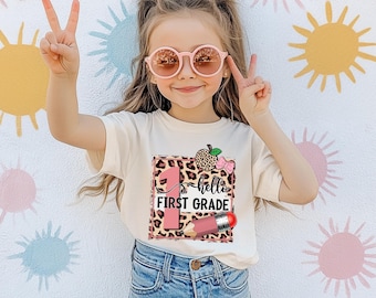 Camisa de niña para primer grado, conjunto escolar con estampado de leopardo.
