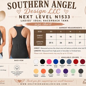 May include: A size chart for a racerback tank top by Southern Angel Design LLC, featuring front and back views of a dark gray tank, a table of chest and length measurements in inches, and a color palette showing twenty-four available fabric colors.