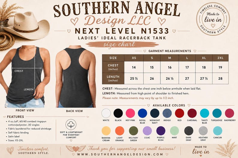 May include: A size chart for a racerback tank top by Southern Angel Design LLC, featuring front and back views of a dark gray tank, a table of chest and length measurements in inches, and a color palette showing twenty-four available fabric colors.