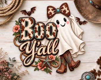 Boo Y’all Western Ghost PNG,  Fall PNG, Rustic Halloween Design, Western Fall PNG, Country png, Cute Turquoise Fall Art