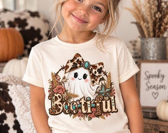 Boo-tiful Western Ghost Shirt for Girls, Cowgirl Halloween Toddler Tee, Cow Print Ghost Shirt, Turquoise Halloween Kids Shirt