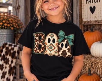 Boo Western Ghost Shirt for Girls, Cowgirl Halloween Toddler Tee, Cow Print Ghost Shirt, Turquoise Halloween Kids Shirt