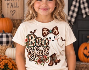 Boo Ya’ll Western Ghost Shirt for Girls, Cowgirl Halloween Toddler Tee, Cow Print Ghost Shirt, Turquoise Halloween Kids Shirt