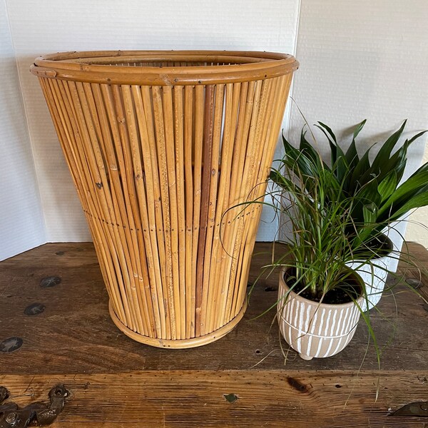 Vintage 1970's Woven Split Bamboo Tree Planter Basket. waste basket.  Hamper. Bamboo Pencil Reed. Natural.