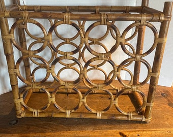 Vintage MCM Boho Chic Wicker and Rattan Tabletop Wine Rack for 12 Bottles.