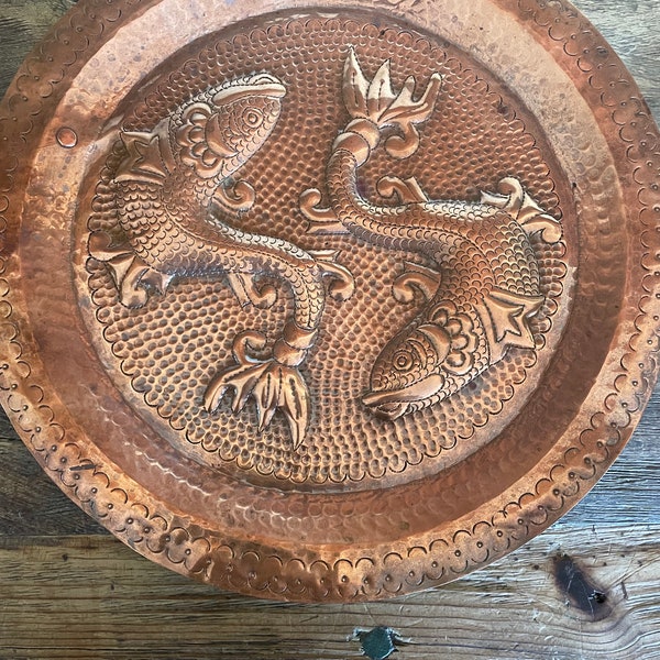 Fabulous Arts & Crafts copper dish with Koi Fish. 1900s. wall hanging. Asian wall hanging. Handmade  12.25” diameter.