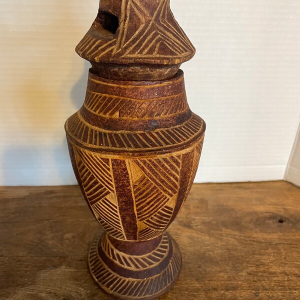 Vintage African hand carved wooden lidded Vase. Tribal decor.Folk Art. Boho