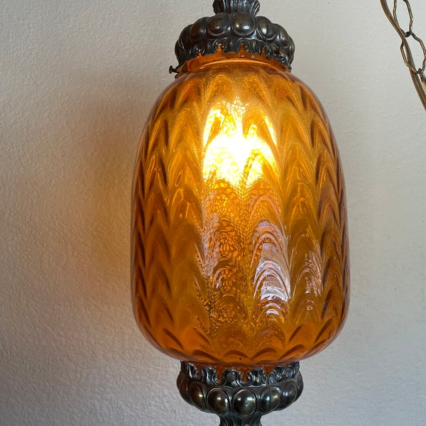 Vintage 1970s Hollywood Regency Amber Glass Hanging Lamp.  Plug in Pendant Light.