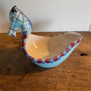 Vintage mid century Modern Italian Bitossi aldo londi horse bowl. Soup bowl. Blue. MCM. Horse figure dish. Raymore. Vintage. 7.5” L x 4” W