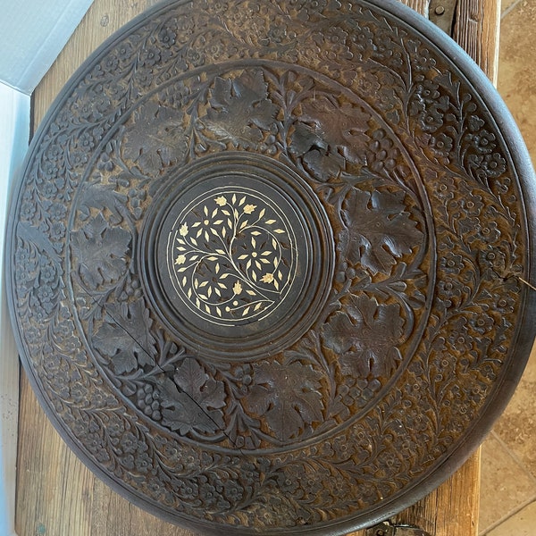 Vintage/Antique Moraccan Hand Carved Teak Table Top. Wall hanging. Wood plate. Mid Century. MCM. Moorish. Indian side table top. Wooden.