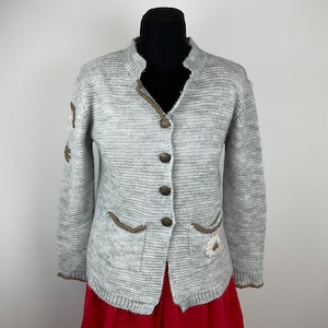 Vintage Austrian Dirndl Cardigan Embroidered Wool Sweater Hand Knitted Jacket Bavaria Octoberfest Trachten