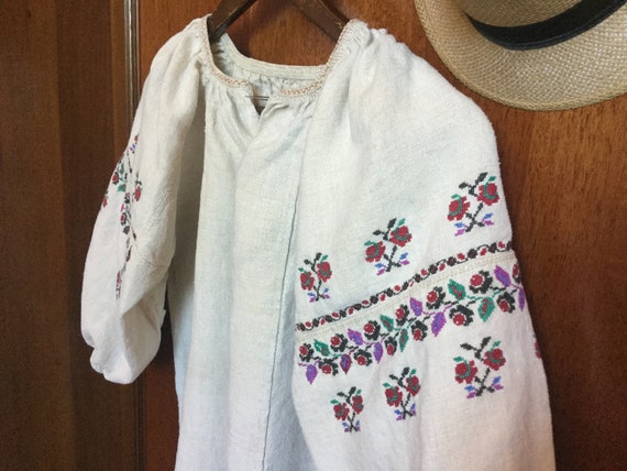 Vintage Ukrainian Embroidered Dress Homespun Linen