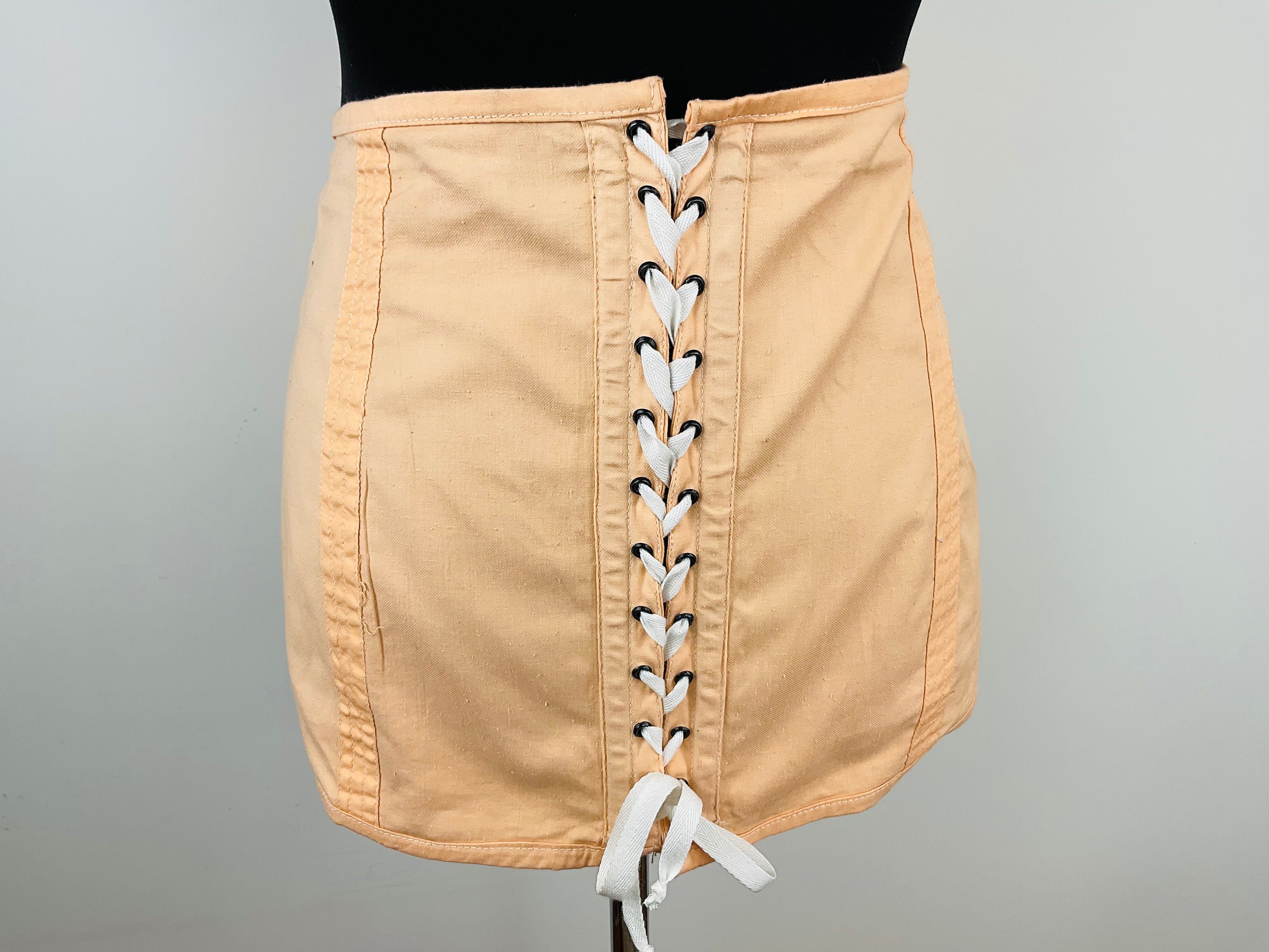 Antique French Corset Apricot Cotton Laced Girdle Underwear Size L 