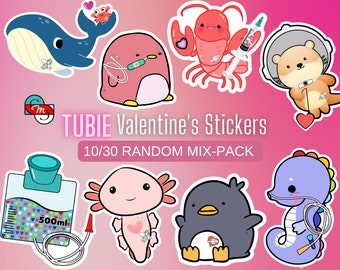 10/30 Mix Pack Tubie Valentine’s Stickers Taille de la classe (Vacances, Festive, Alimentation Enterable, Bouton G-tube, Autocollants imperméables)