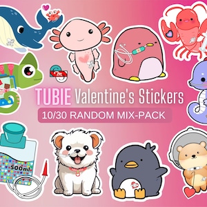 Lot de 10/30 autocollants Tubie pour la Saint-Valentin, taille de la classe (vacances, fête, alimentation accessible au goûter, bouton tube G, autocollants imperméables)