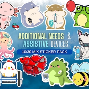 Lot de 10/30 autocollants pour inclusion (sonde, déficience visuelle, O2, appareils fonctionnels, trachée, stomie, stomie, cicatrices, autocollants imperméables)