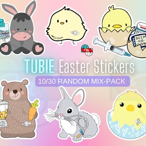 Tubies de Pâques - Pack de 10/30 autocollants (Gtube, NG, GJ, bolus, aliments à la seringue, régime blendarisé, inclusion, autocollants imperméables)