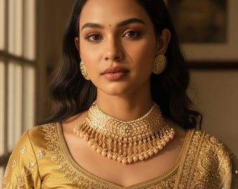 Ensemble de colliers kundan or pêche faits main – Bijoux de mariée indiens