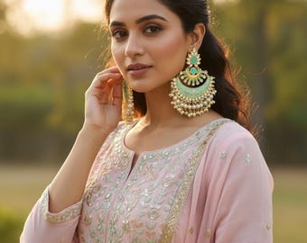 Green Kundan Chandbali Earrings – Indian Bridal Jewelry, Pearl Drops