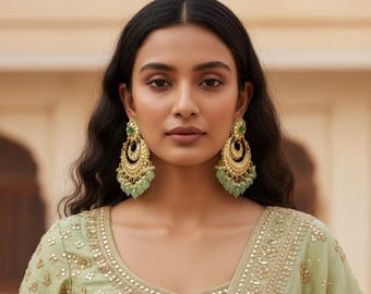 Green Kundan Chandbali Earrings - Indian Jewelry - Indian Fashion - Indian Bridal Jewelry - Indian Earrings - Chandbali
