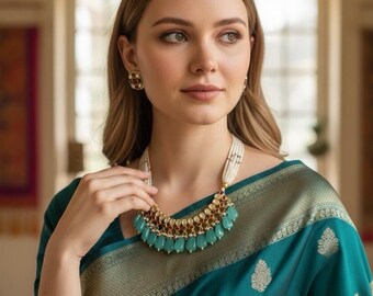 Grönt Pachi Kundan halsbandsset med rubinstenar, Sabyasachi-inspirerad choker