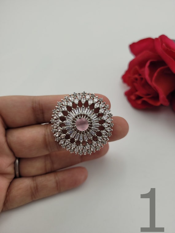 Sparkly CZ Rhodium Polish Diamond Ring With Pink green Stone