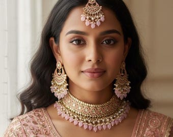 Pink Polki Choker Necklace Set, Indian Bridal Jewelry, Gold Chandbali Earrings, Tikka