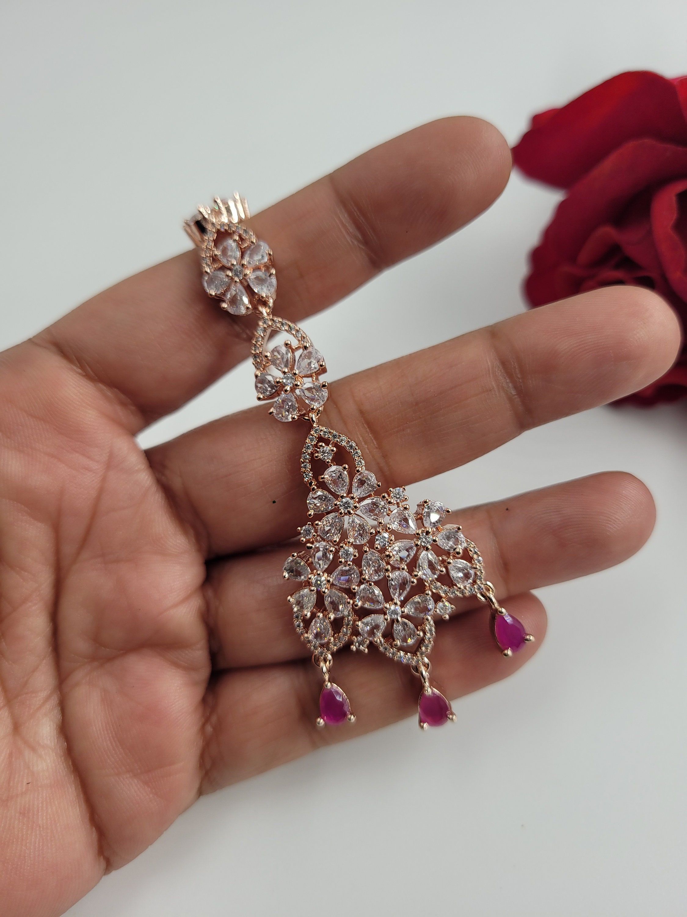 Buy Rose Gold CZ Maang Tikka With Ruby Drops Indian Forehead