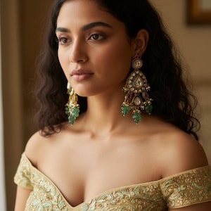 Orecchini Polki Chandbali non tagliati / Orecchini indiani / Orecchini vistosi / Orecchini pendenti placcati in oro con borchie Kundan e Kemp